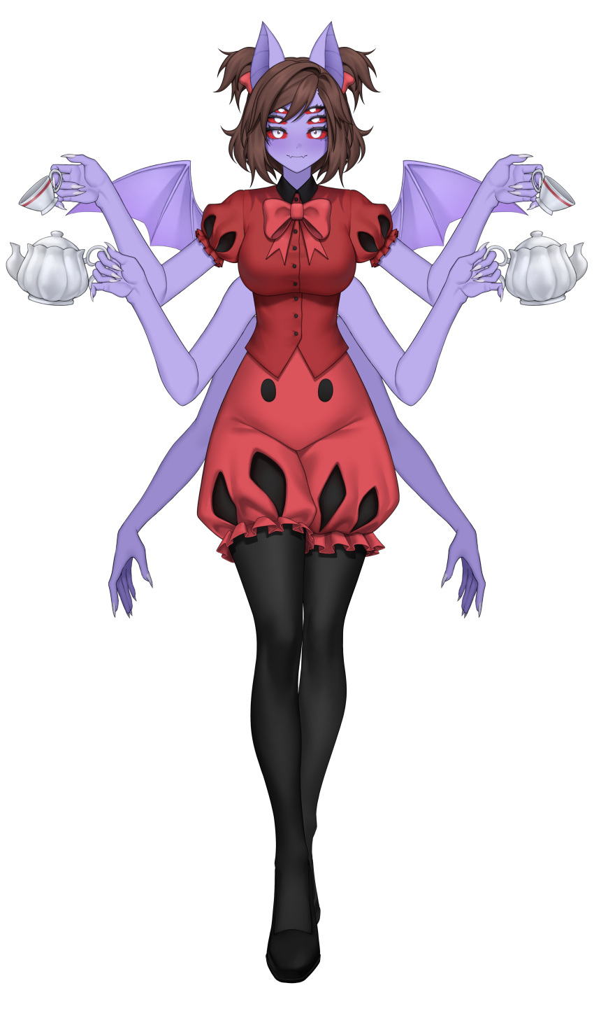 absurdres, animal_ears, arthropod_girl, bat_ears, black_pantyhose, black_shoes, bow, brown_hair