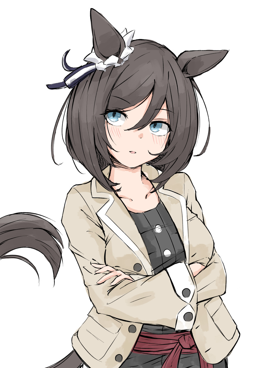 1girl, absurdres, animal_ears, arms_under_breasts, black_dress, black_hair, blue_eyes, blue_ribbon