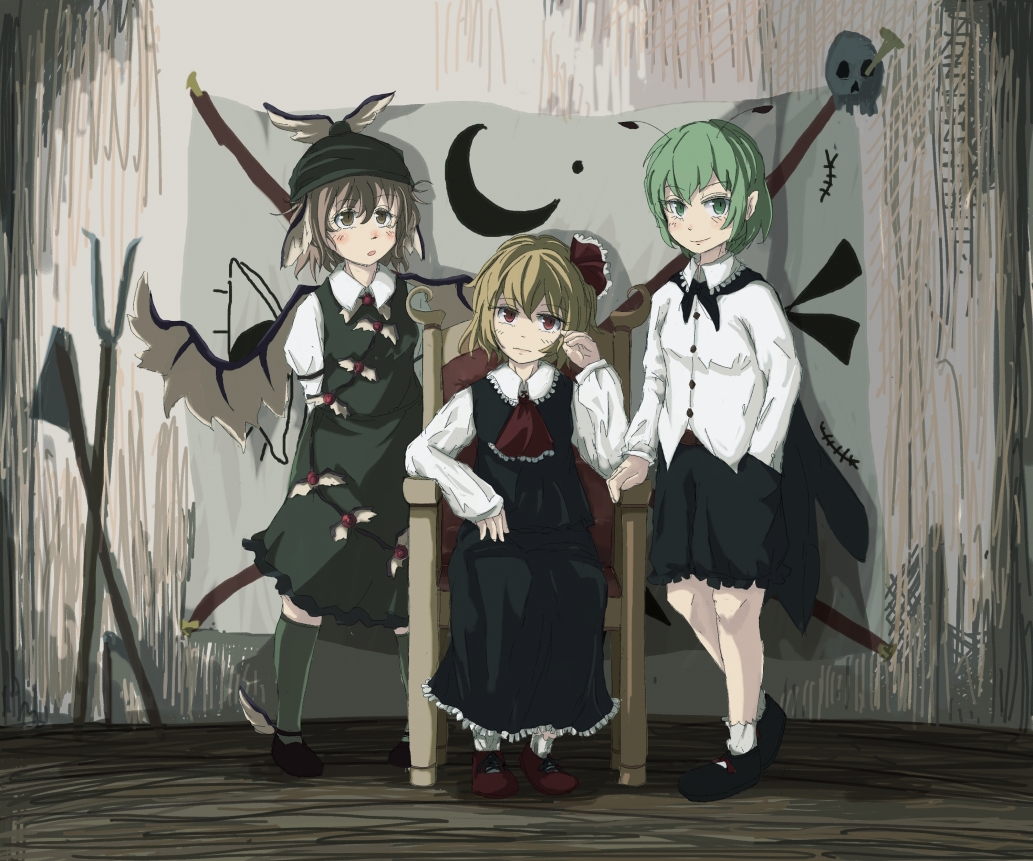 blonde_hair, chair, doronko, mystia_lorelei, pitchfork, rumia, sitting, skull, team_9, throne, touhou, wriggle_nightbug, youkai