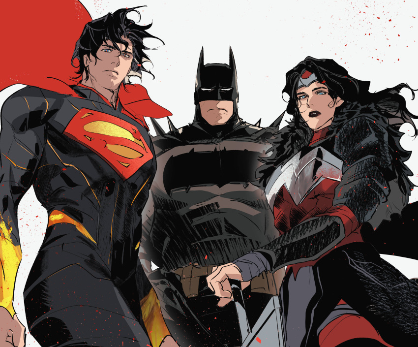 1girl, 2boys, absolute_batman, absolute_dc, absolute_superman, absolute_wonder_woman, absurdres, batman, black_hair, black_lips, blue_eyes, bodysuit, cape, chamsut0905, circlet, closed_mouth, commentary_request, dc_comics, floating_clothes, floating_hair, highres, korean_commentary, light_particles, long_hair, looking_at_viewer, multiple_boys, planted, red_cape, short_hair, superhero_costume, superman, wonder_woman