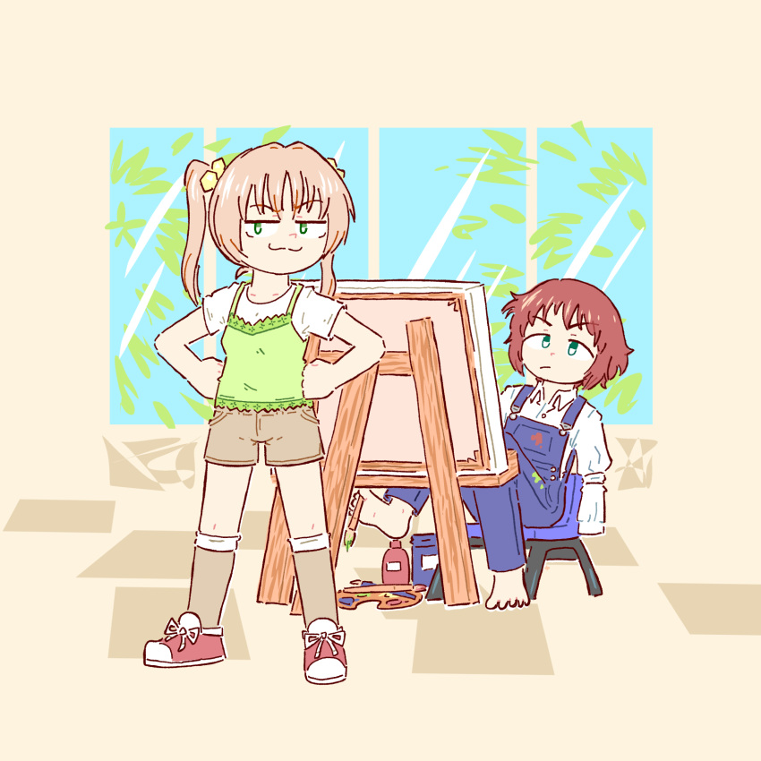 2girls, :3, amputee, armless_amputee, barefoot, blonde_hair, blue_overalls, brown_shorts, canvas_(object), casual, closed_mouth, commentary, commission, denim, denim_overalls, double_amputee, easel, english_commentary, feet, full_body, green_eyes, green_tank_top, hair_ornament, hands_on_own_hips, highres, holding, holding_paintbrush, holding_with_feet, ibarazaki_emi, indoors, jjpp_works, katawa_shoujo, leaf, long_hair, long_sleeves, multiple_girls, official_alternate_costume, on_stool, overalls, paint, paint_on_clothes, paint_palette, paintbrush, painting_(action), prosthesis, prosthetic_leg, red_hair, red_shoes, shirt, shoelaces, shoes, short_hair, short_sleeves, shorts, sitting, sleeve_tied_shut, smile, smug, split_mouth, standing, t-shirt, tank_top, tezuka_rin, toes, twintails, white_shirt, window