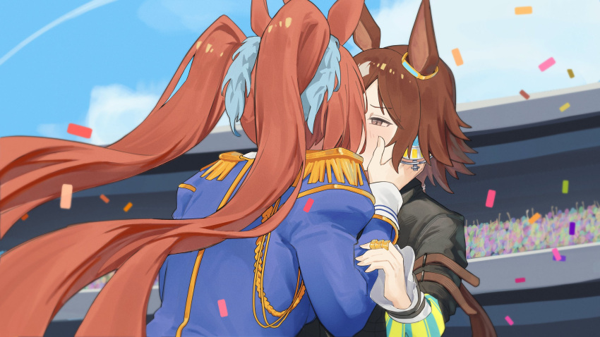 2girls, aiguillette, animal_ears, black_jacket, blue_jacket, brown_eyes, brown_hair, confetti