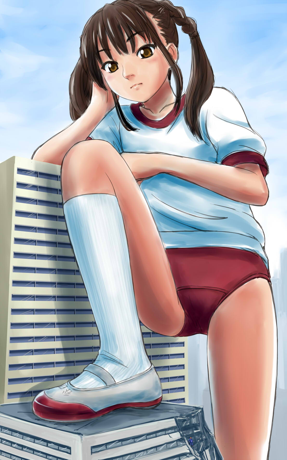 brown_eyes, brown_hair, building, buruma, copyright_request, frown, giantess, gym_uniform