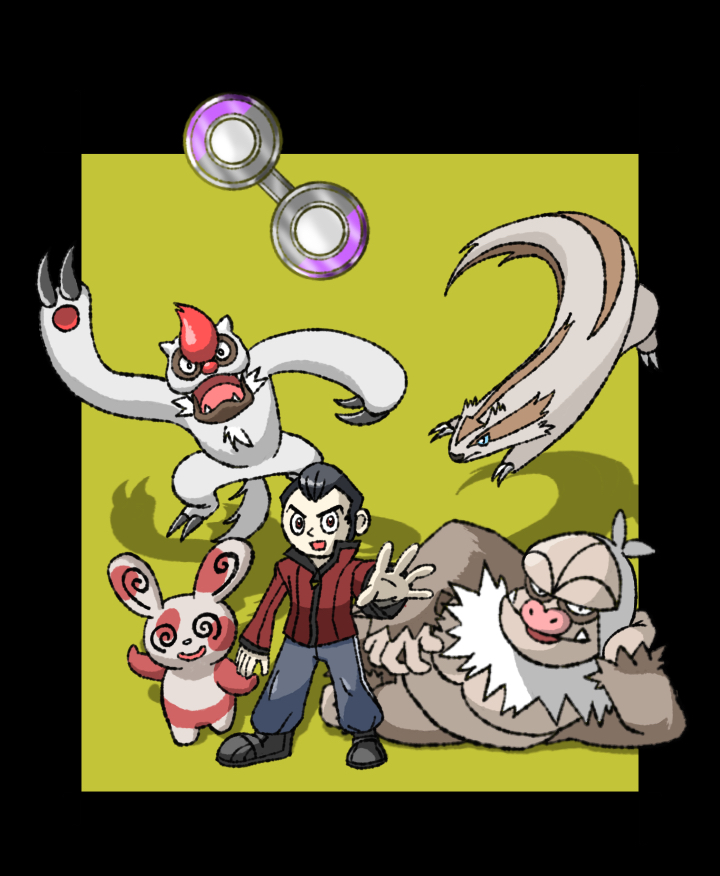 1boy, @_@, badge, badge_(pokemon), balance_badge, black_border, black_hair, black_shoes