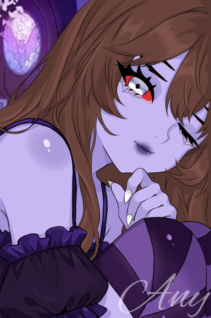 ;), anyyorami, artist_name, bare_shoulders, brown_hair, colored_sclera, colored_skin, dante_will