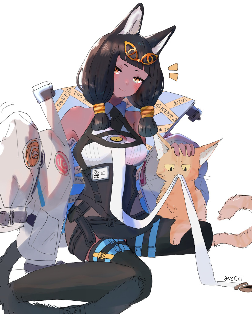 1girl, animal_ears, arknights, black_thighhighs, brown_hair, cat, cat_ears, cat_girl