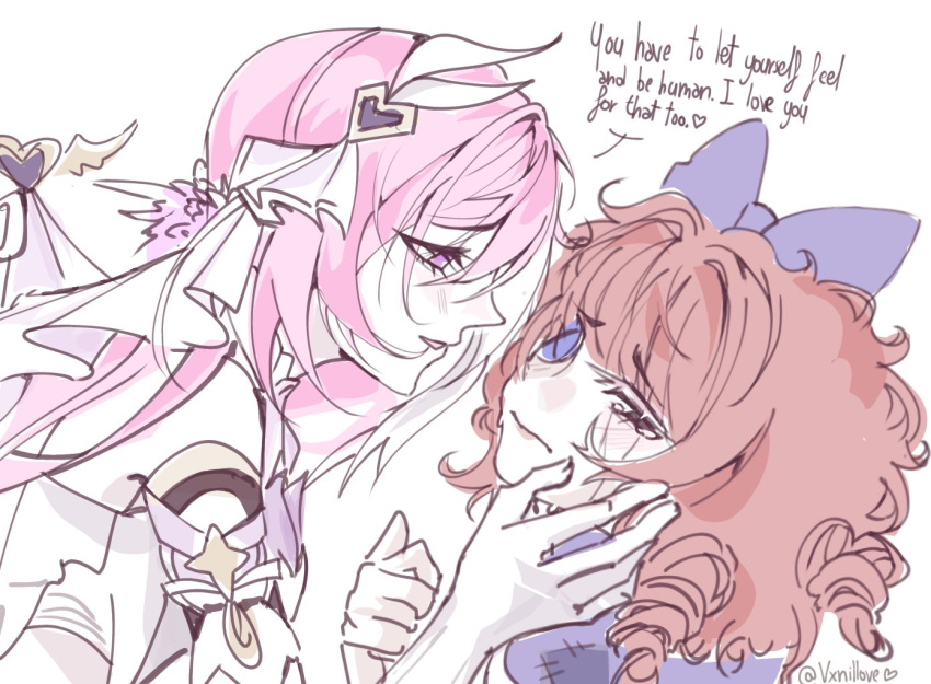 bow, bowtie, button_eyes, buttons, closed_eyes, commentary, elysia_(herrscher_of_human:_ego)_(honkai_impact), elysia_(honkai_impact), english_commentary, english_text, gloves, hair_bow, hair_ornament, hand_on_another's_cheek, hand_on_another's_face, honkai_(series), honkai_impact_3rd, long_hair, parted_lips, pink_hair, purple_bow, purple_bowtie, ragatha_(the_amazing_digital_circus), red_hair, short_hair, simple_background, the_amazing_digital_circus, twitter_username, very_long_hair, violet_eyes, vxnillove, white_background, white_gloves, yuri