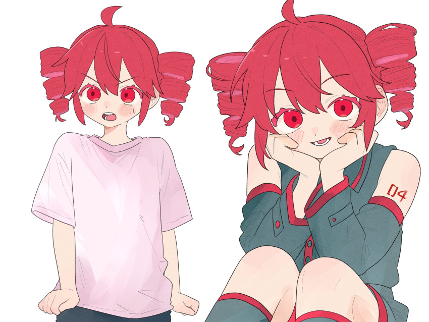 1girl, ahoge, alternate_costume, bare_shoulders, detached_sleeves, drill_hair, hashtag-only_commentary, highres