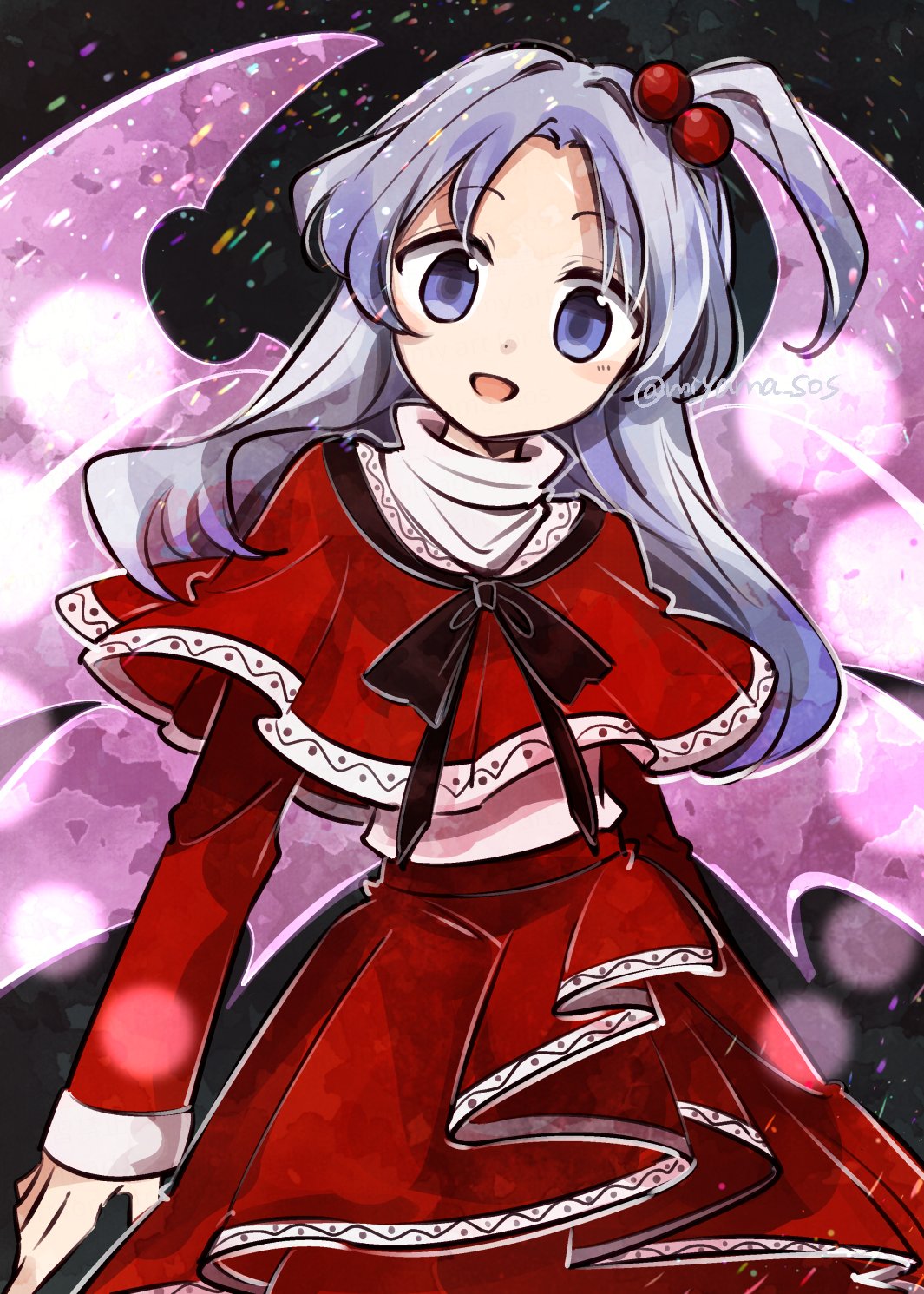 1girl, capelet, commentary, cowboy_shot, grey_hair, hair_bobbles, hair_ornament, highres