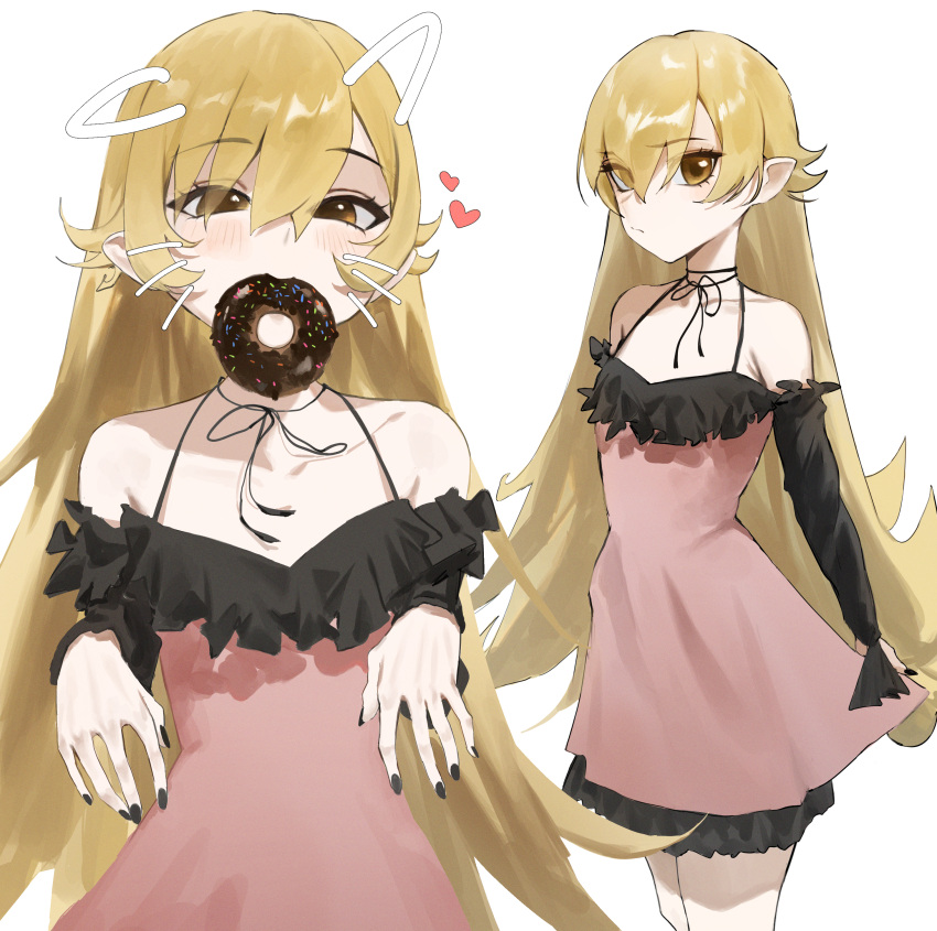 absurdres, blonde_hair, commentary, cowboy_shot, doughnut, dress, food, heart