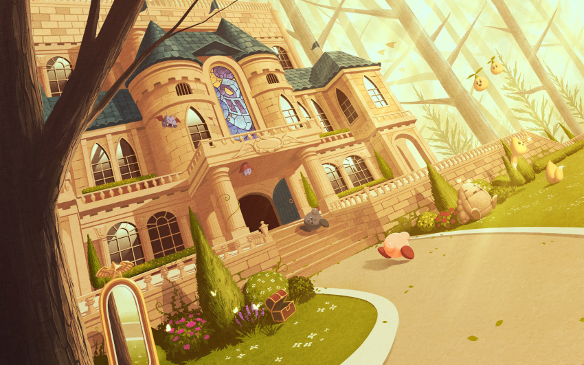 5health, batty_(kirby), building, bush, castle, chip_(kirby), column, commentary_request