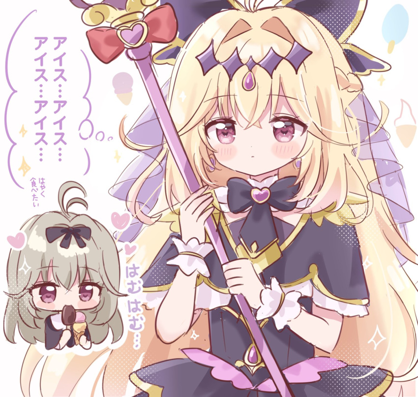 1girl, antenna_hair, black_bow, black_capelet, black_dress, blonde_hair, bow, brooch