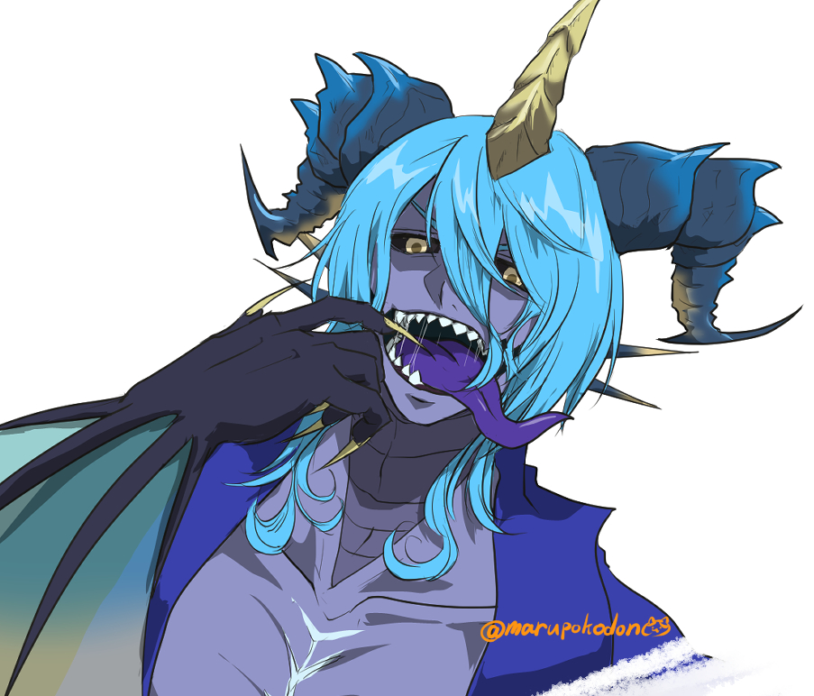 1boy, arm_fins, black_sclera, blue_hair, collarbone, colored_sclera, colored_skin, colored_tongue, commentary_request, deep_blue_(ff14), final_fantasy, final_fantasy_xiv, fingernails, fins, fish_boy, grey_skin, hair_between_eyes, horns, looking_at_viewer, male_focus, marupokodon, medium_hair, monster_boy, open_mouth, purple_tongue, sharp_fingernails, sharp_teeth, simple_background, solo, teeth, tongue, tongue_out, twitter_username, upper_body, white_background, yellow_eyes
