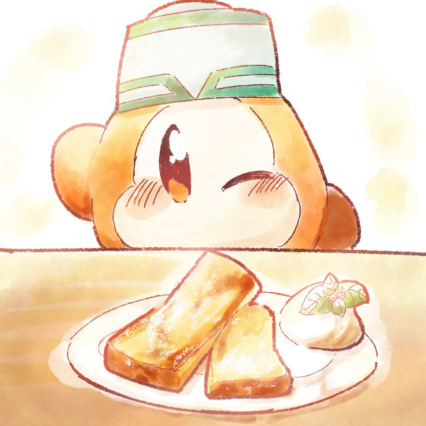 blush, cafe-staff_waddle_dee, commentary_request, food, hat, highres, kirby_(series), kirby_and_the_forgotten_land, mirekurage_(grkkdrm3), no_humans, no_mouth, one_eye_closed, plate, solo, waddle_dee, white_hat