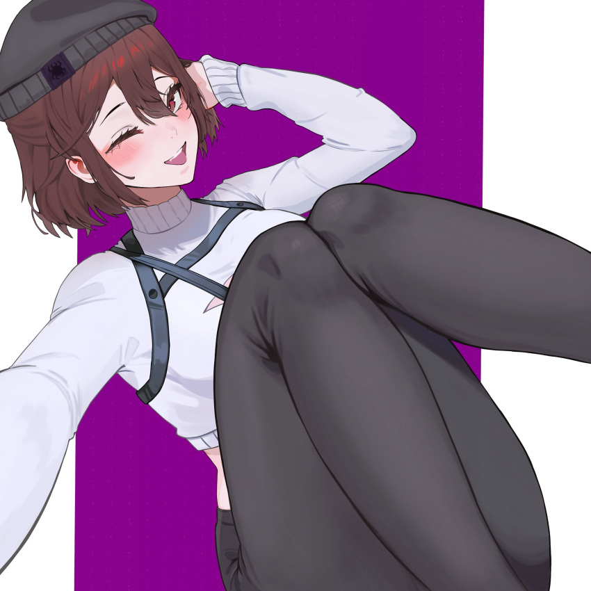 ;d, beret, black_hat, black_pants, brown_hair, cleavage_cutout, clothing_cutout, commentary