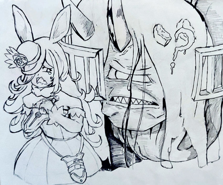 1girl, 1other, animal_ears, confused, cyclops, dagger, dress, fangs, hat, highres, holding, holding_dagger, holding_knife, holding_weapon, horns, horse_ears, interrogation, knife, long_hair, monochrome, one-eyed, one_eye_covered, rice_shower_(umamusume), shawarmaslayer, sheath, spoil_(undead_unluck), teardrop, traditional_media, umamusume, undead_unluck, weapon