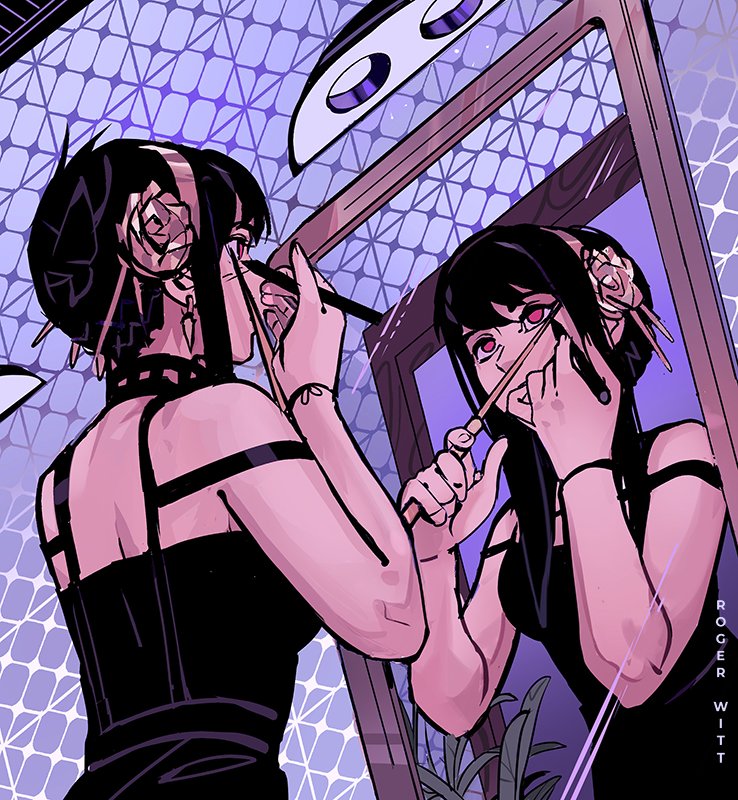 1girl, applying_eyeliner, applying_makeup, artist_name, bare_shoulders, black_dress, black_eyeliner, black_hair