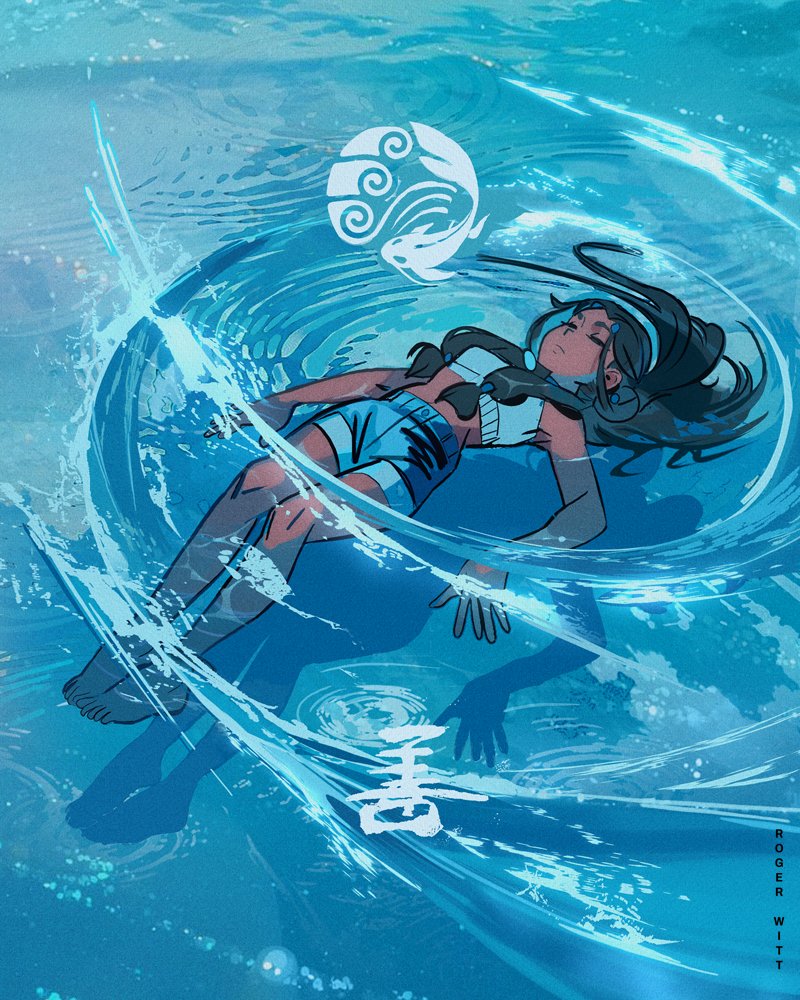 1girl, artist_name, avatar:_the_last_airbender, avatar_legends, bare_arms, bare_shoulders, barefoot, beads