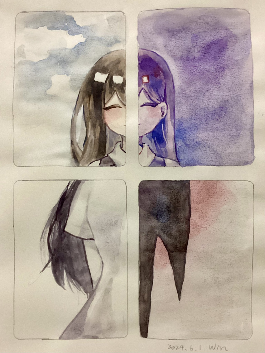 3girls, artist_name, black_hair, black_sweater_vest, blush, closed_eyes, closed_mouth, collared_shirt