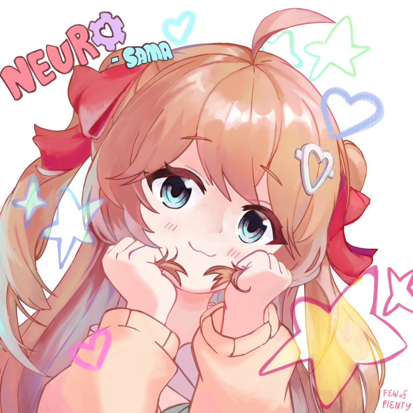1girl, ahoge, blue_eyes, brown_hair, cardigan, character_name, cross, few_of_plenty, hair_between_eyes, hair_ornament, hair_ribbon, hashtag-only_commentary, heart, heart_hair_ornament, highres, light_blush, long_hair, long_sleeves, neuro-sama, portrait, red_ribbon, ribbon, simple_background, smile, solo, star_(symbol), two_side_up, vedal_ai, virtual_youtuber, white_background, yellow_cardigan