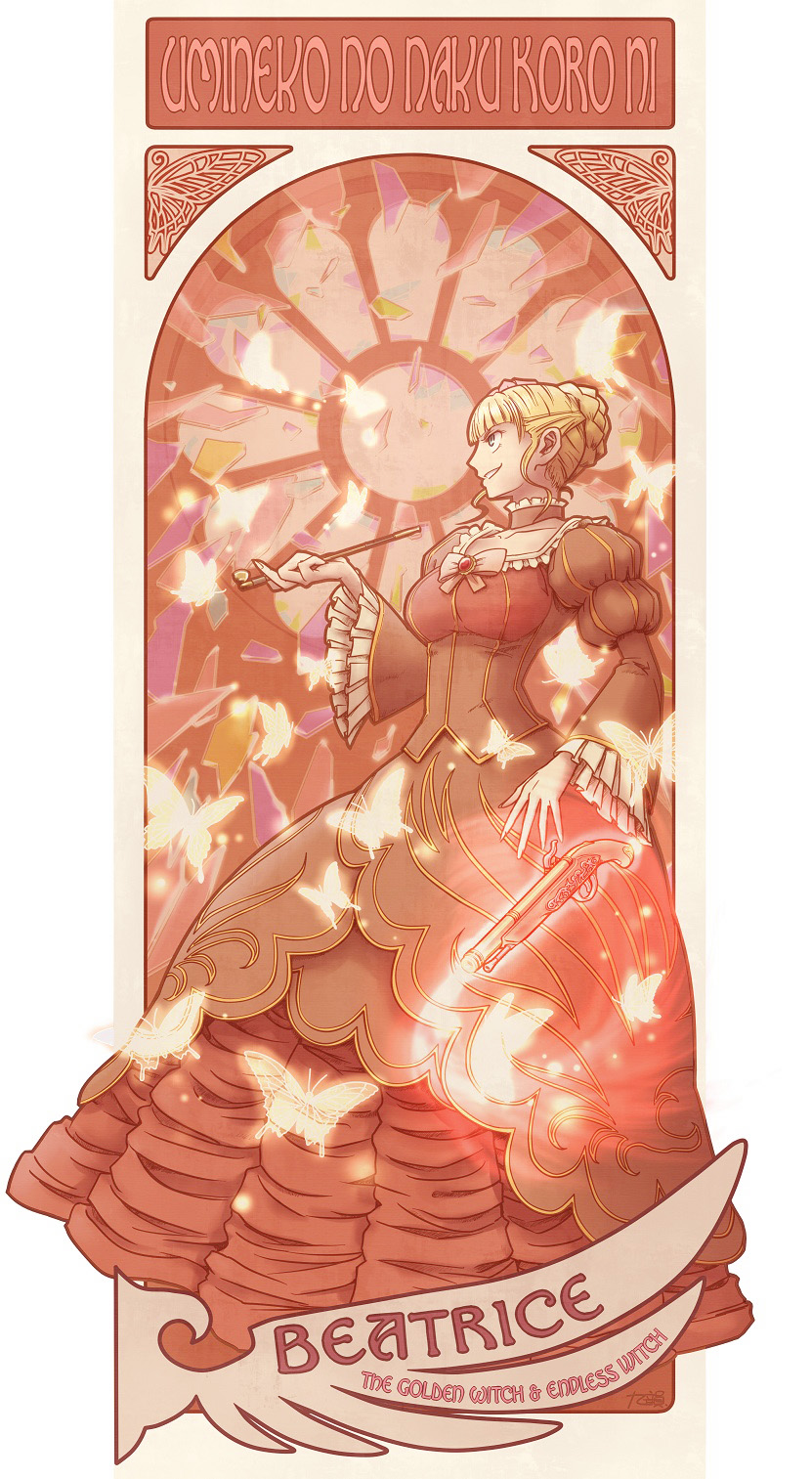beatrice, blonde_hair, butterfly, dress, frills, g-q-no-51, gun, highres, pipe, ribbon, umineko_no_naku_koro_ni, weapon