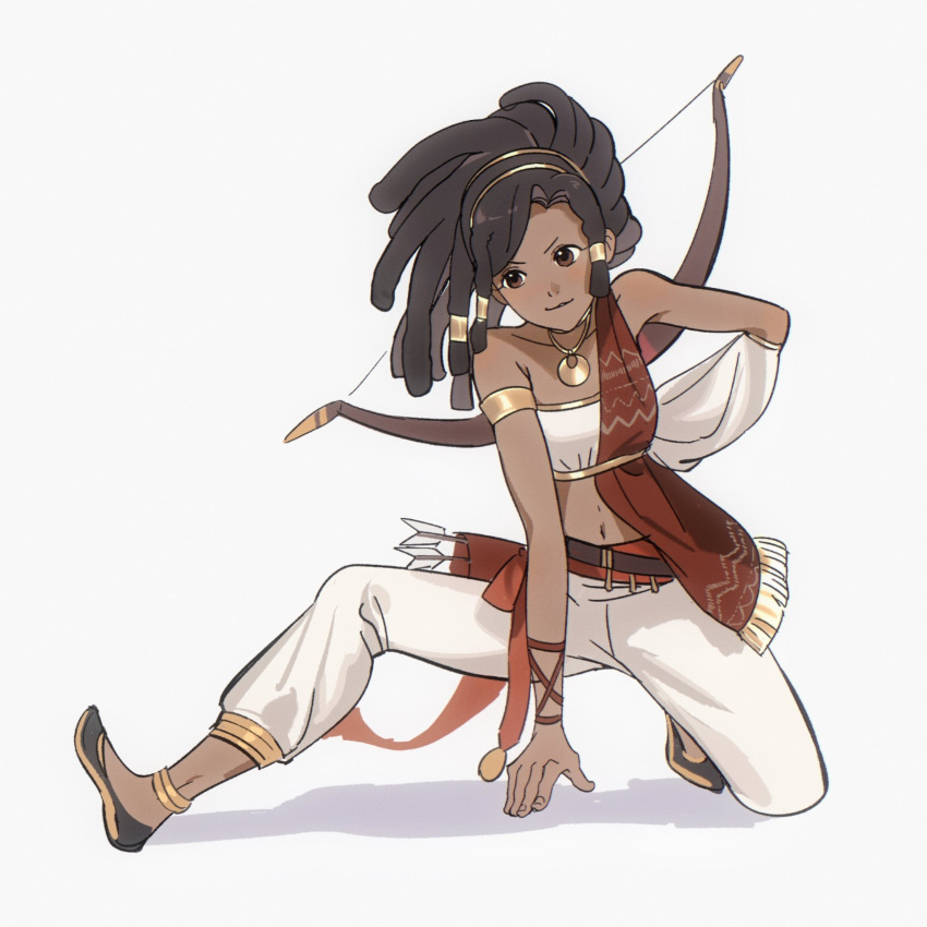 1girl, anklet, arm_behind_back, armlet, bare_shoulders, bow_(weapon), breasts, brown_eyes, brown_hair, closed_mouth, crop_top, dark-skinned_female, dark_skin, delitia_(octopath_traveler), detached_sleeves, dreadlocks, flats, full_body, gold_anklet, gold_armlet, gold_necklace, gold_trim, hair_tubes, hairband, highres, jewelry, keta040429, long_hair, medium_breasts, midriff, navel, necklace, octopath_traveler, octopath_traveler:_champions_of_the_continent, octopath_traveler_0, on_one_knee, pants, red_sash, sash, shirt, simple_background, single_detached_sleeve, solo, strapless, tube_top, weapon, weapon_on_back, white_pants, white_shirt, white_sleeves