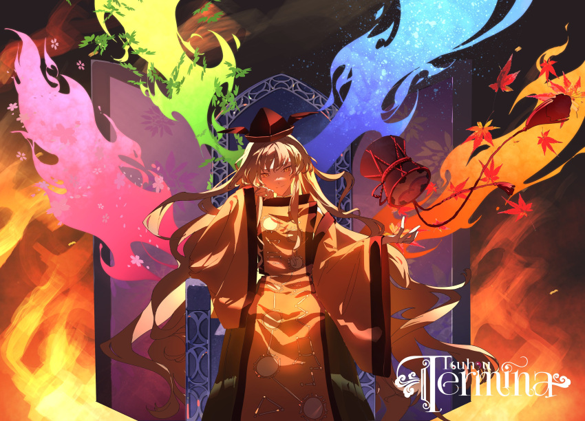 1girl, absurdres, album_cover, album_name, autumn, black_hat, blonde_hair, cherry_blossoms