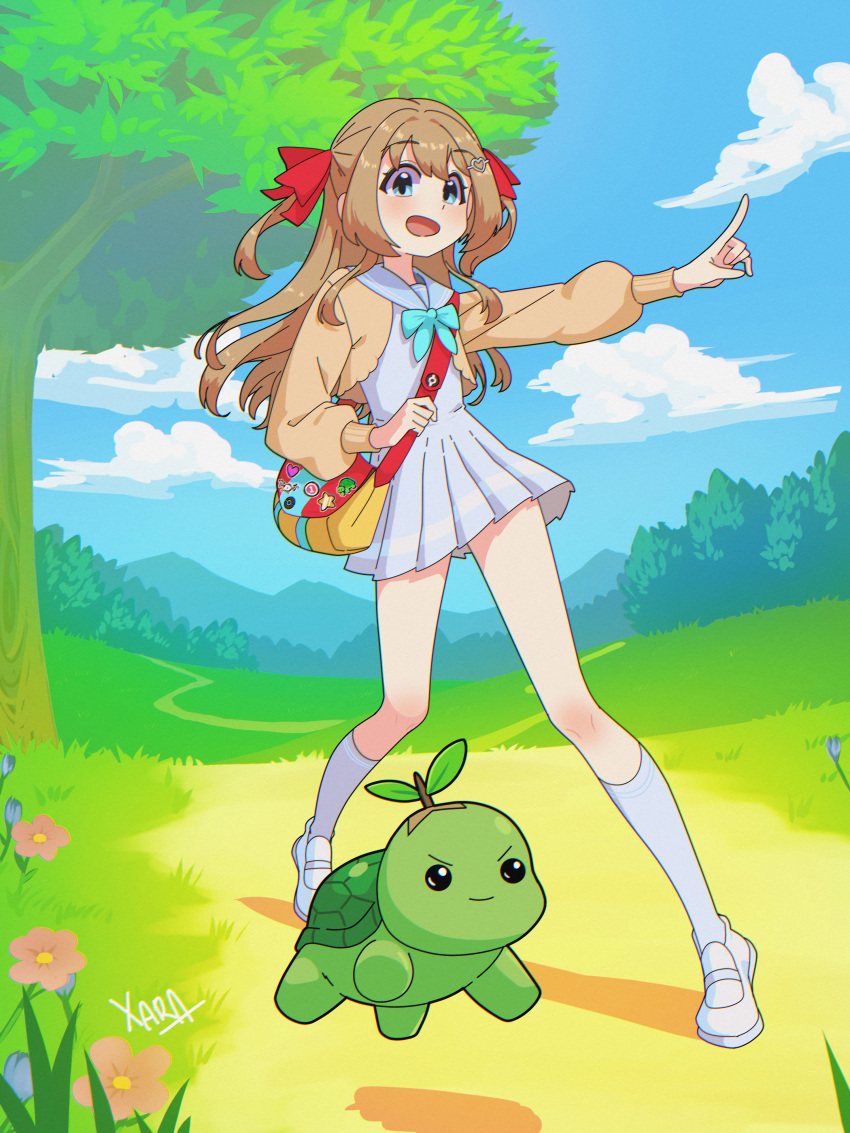 1boy, 1girl, absurdres, aqua_bow, aqua_bowtie, bag, blue_dress, blue_eyes, blue_sailor_collar, blue_shoes, blue_socks, bow, bowtie, brown_hair, cardigan, closed_mouth, clouds, commentary, cosplay, cropped_cardigan, day, dress, english_commentary, from_side, full_body, grass, hair_ribbon, highres, index_finger_raised, long_hair, long_sleeves, neuro-sama, open_mouth, outdoors, pleated_dress, pointy_ears, pokemon, red_ribbon, ribbon, sailor_collar, shoes, short_dress, shoulder_bag, signature, smile, socks, standing, tree, turtle, turtwig, turtwig_(cosplay), two_side_up, vedal987, vedal_ai, virtual_youtuber, xarakura_xara, yellow_cardigan