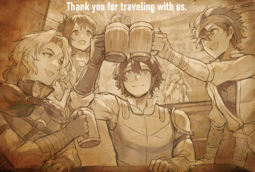 2girls, 3boys, absurdres, beer_mug, cancanbaobao55, cloak, closed_eyes, collared_shirt