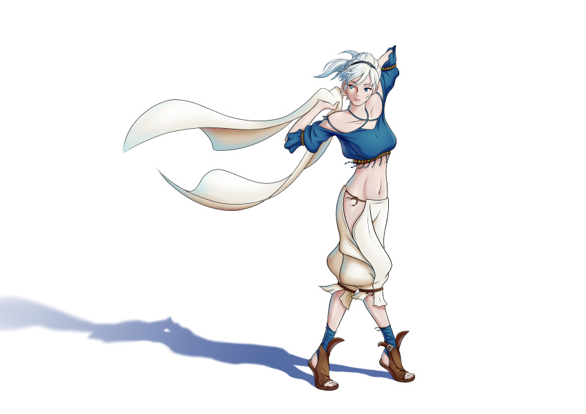 1girl, absurdres, adelle_ein, black_headband, bravely_default_(series), bravely_default_ii, brown_sandals, commentary, criss-cross_halter, crop_top, grey_hair, halterneck, headband, highres, pants, sandals, shadow, sikap-gm, white_pants