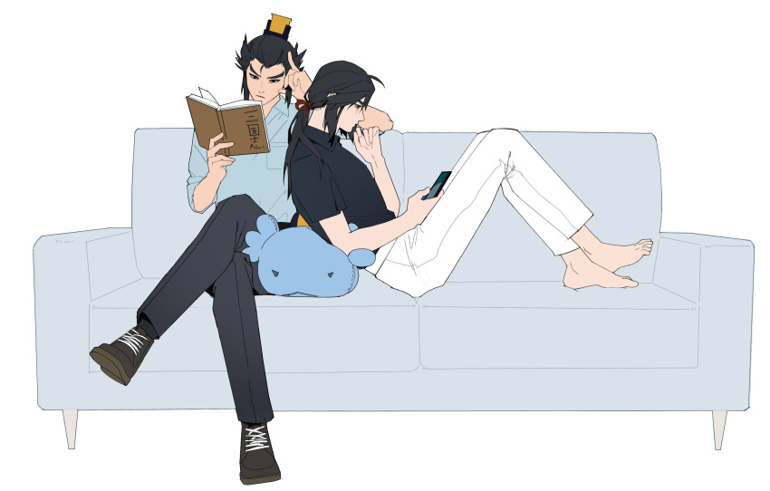 2boys, absurdres, barefoot, black_hair, black_pants, black_shirt, black_shoes, blue_shirt