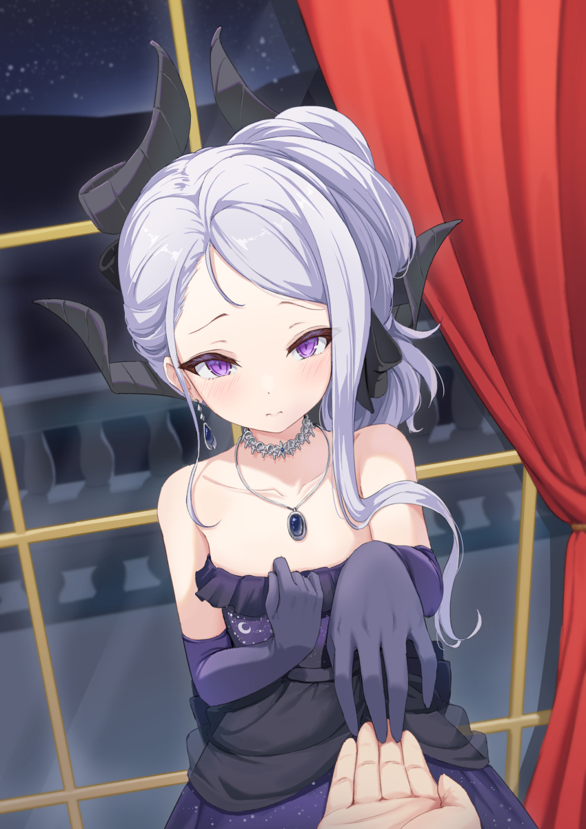 1girl, 1other, absurdres, black_horns, black_ribbon, blue_archive, blush, cocktail_dress