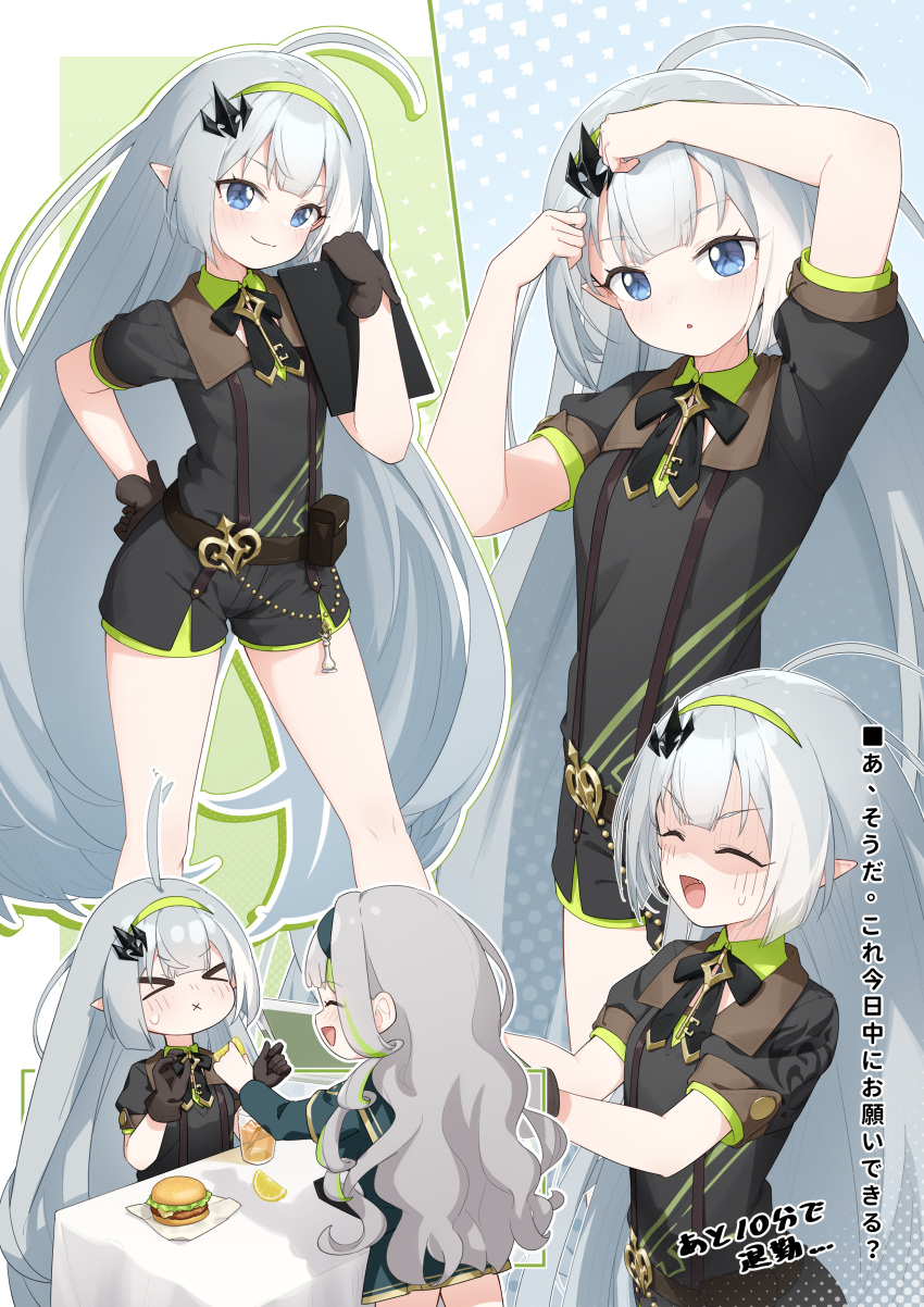 >_<, 2girls, absurdres, adjusting_hair_ornament, ahoge, black_ribbon, black_shirt, black_shorts