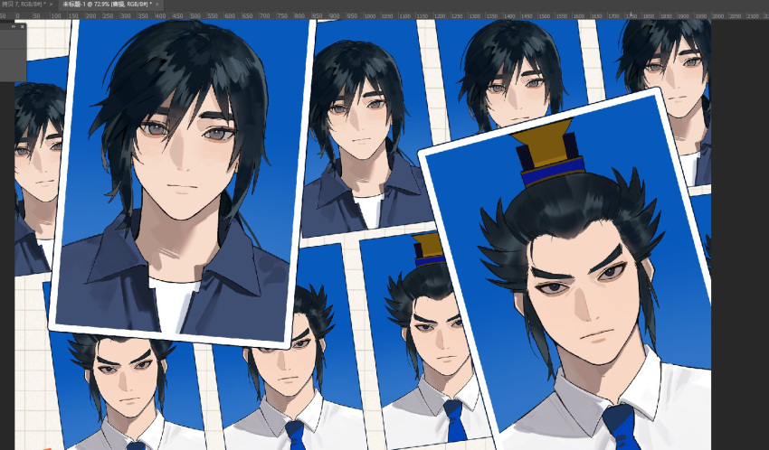 2boys, art_program_in_frame, black_hair, blue_background, blue_necktie, cao_cao_(shin_sangoku_musou), closed_mouth, collared_shirt