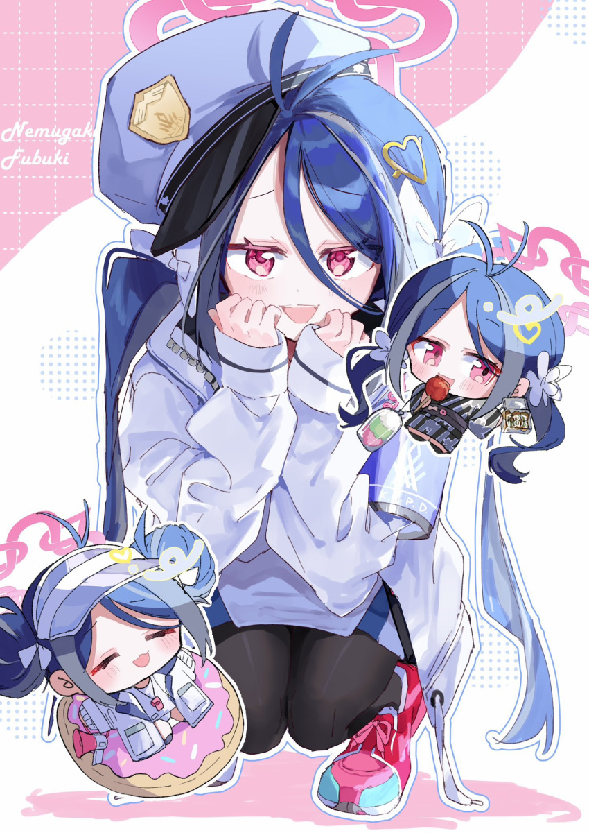 3girls, :d, antenna_hair, black_pantyhose, blue_archive, blue_hair, candy_apple, character_name