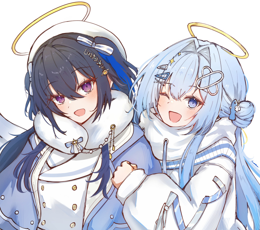 2girls, :d, absurdres, black_hair, blue_capelet, blue_eyes, blue_hair, blush