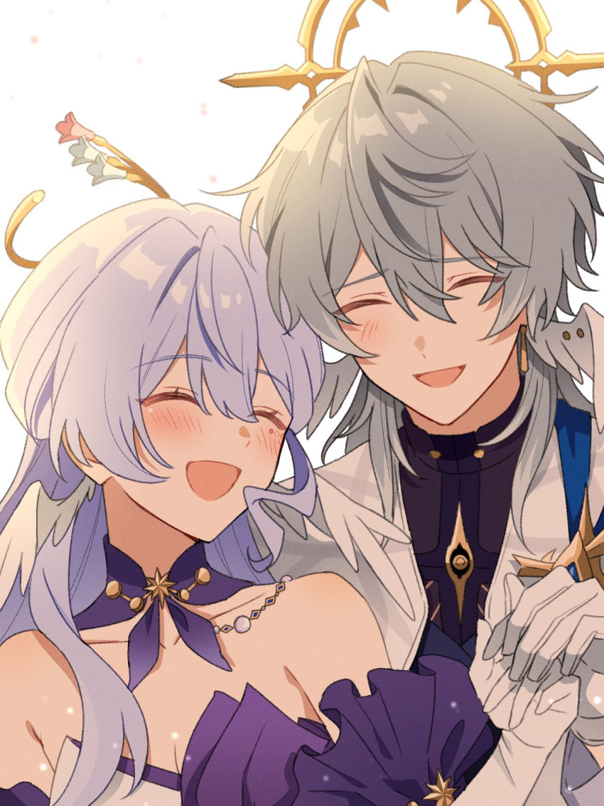 1boy, 1girl, ^_^, aiga_ippai, bare_shoulders, brother_and_sister, closed_eyes, commentary_request