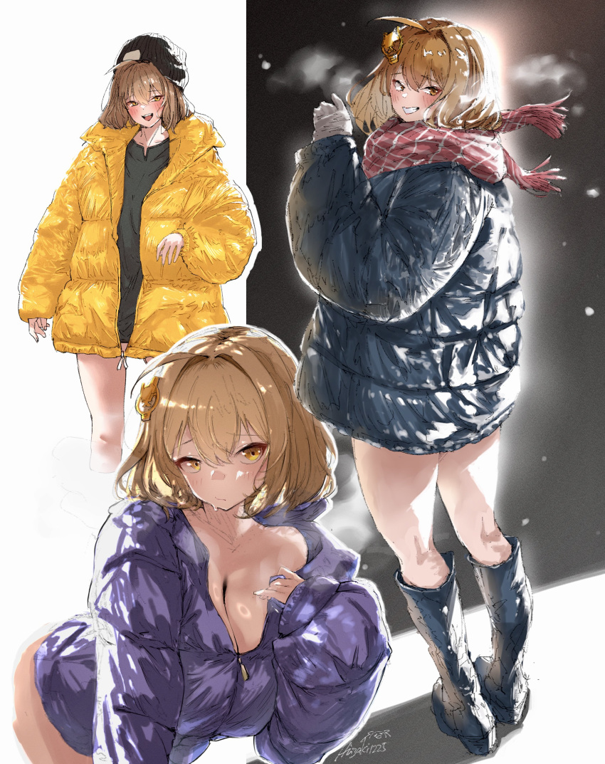 1girl, absurdres, ahoge, anis_(nikke), beanie, black_coat, breasts, brown_hair