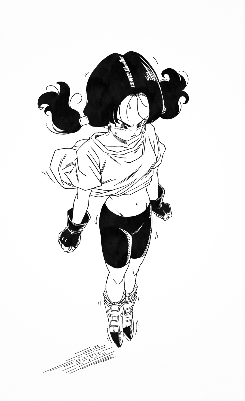 1girl, absurdres, arms_at_side, bike_shorts, boots, closed_eyes, closed_mouth, commentary