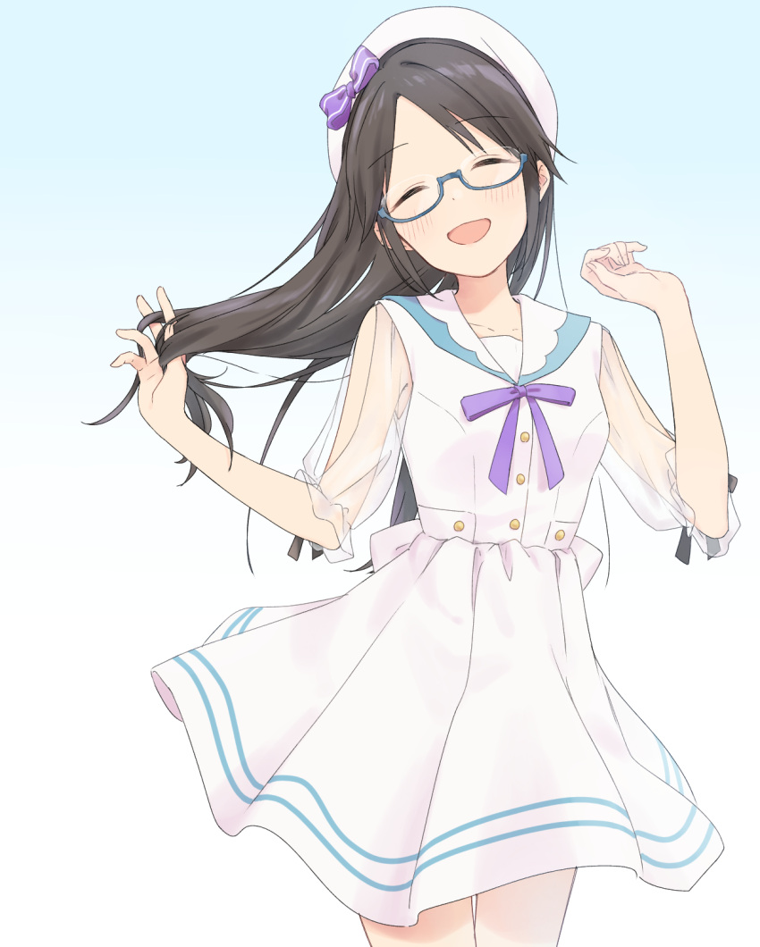 1girl, black_hair, blue-framed_eyewear, blue_ribbon, blush, closed_eyes, commentary_request, cowboy_shot