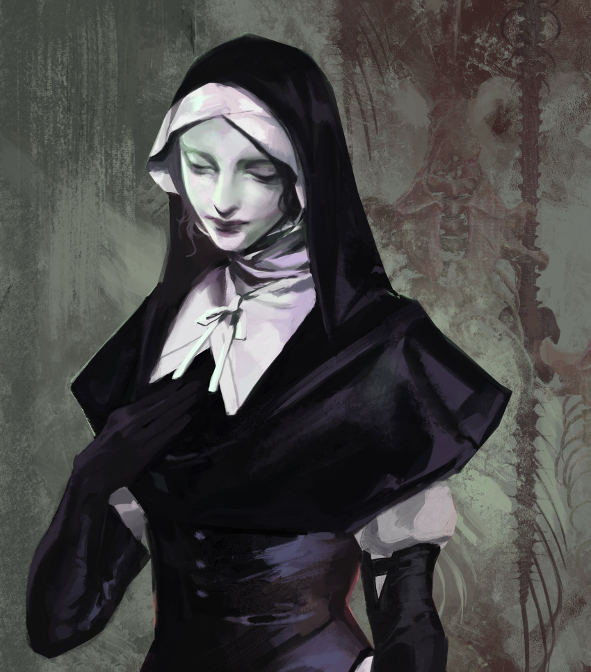 1girl, absurdres, black_capelet, black_corset, black_gloves, black_hair, bone, capelet