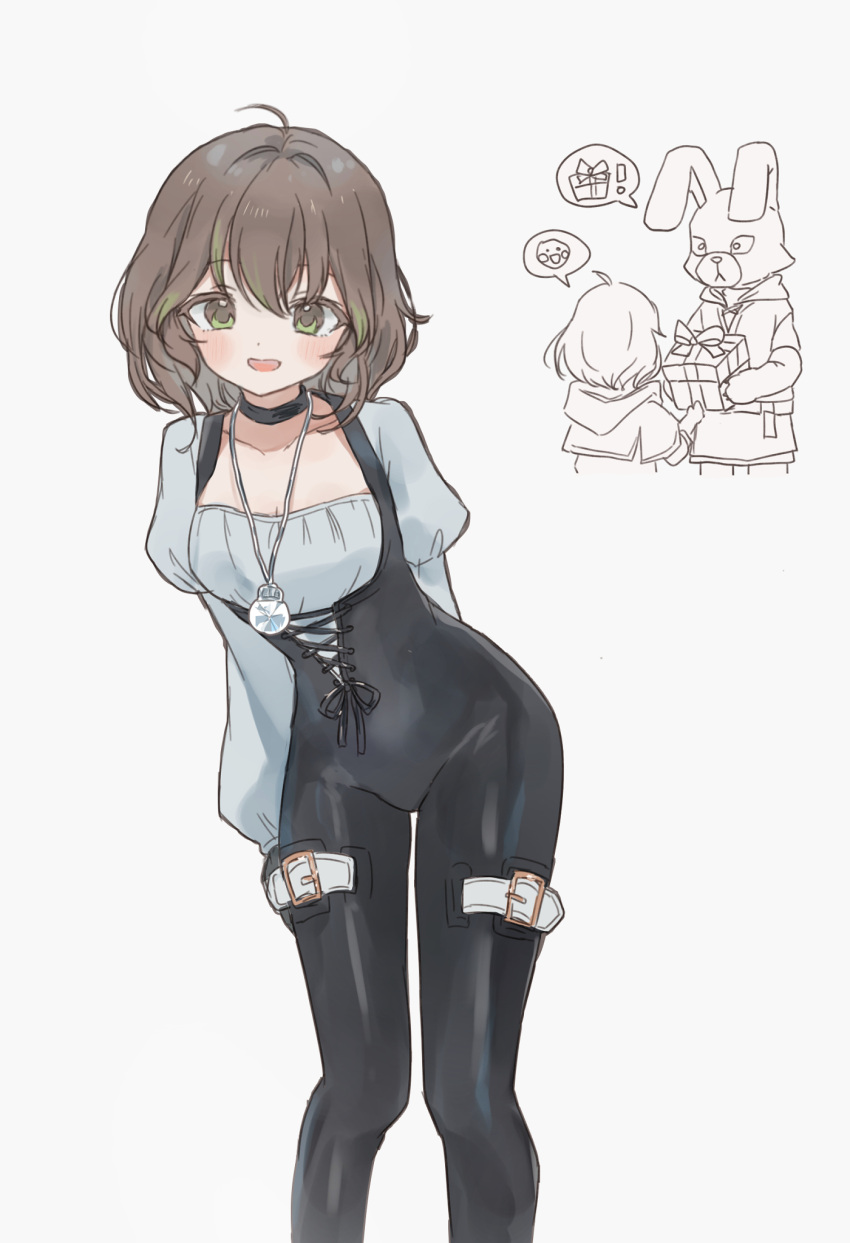 1girl, ahoge, arms_behind_back, black_bodysuit, bodysuit, brown_hair, collarbone, commentary_request