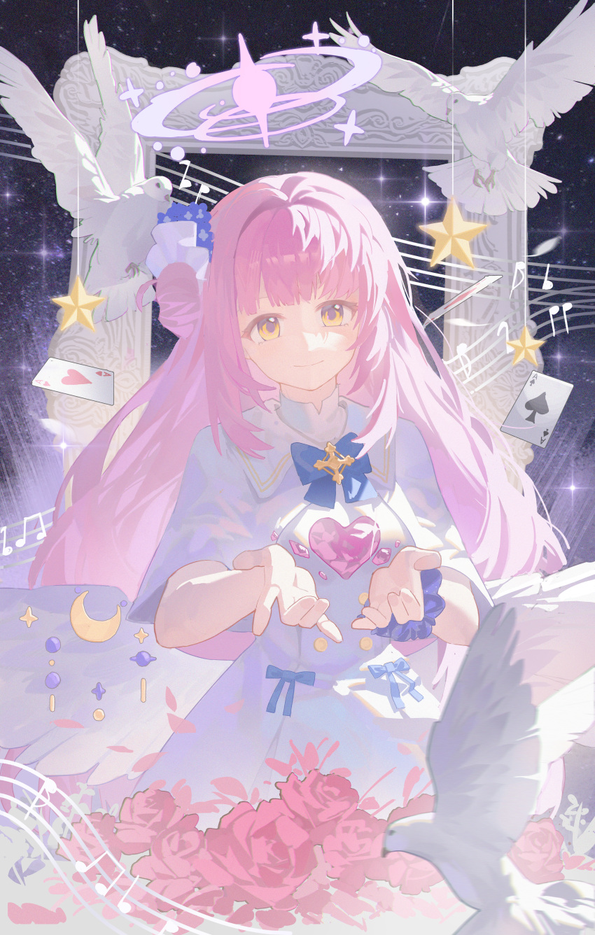 1girl, absurdres, ace_(playing_card), ace_of_diamonds, ace_of_hearts, ace_of_spades, bird, blue_archive, blue_bow, blunt_bangs, bow, card, diamond_(shape), dove, dress, empty_picture_frame, flower, heart, highres, jiyue_(murasame524), long_hair, long_sleeves, looking_at_viewer, mika_(blue_archive), picture_frame, pink_hair, playing_card, red_flower, red_rose, rose, solo, spade_(shape), very_long_hair, white_dress