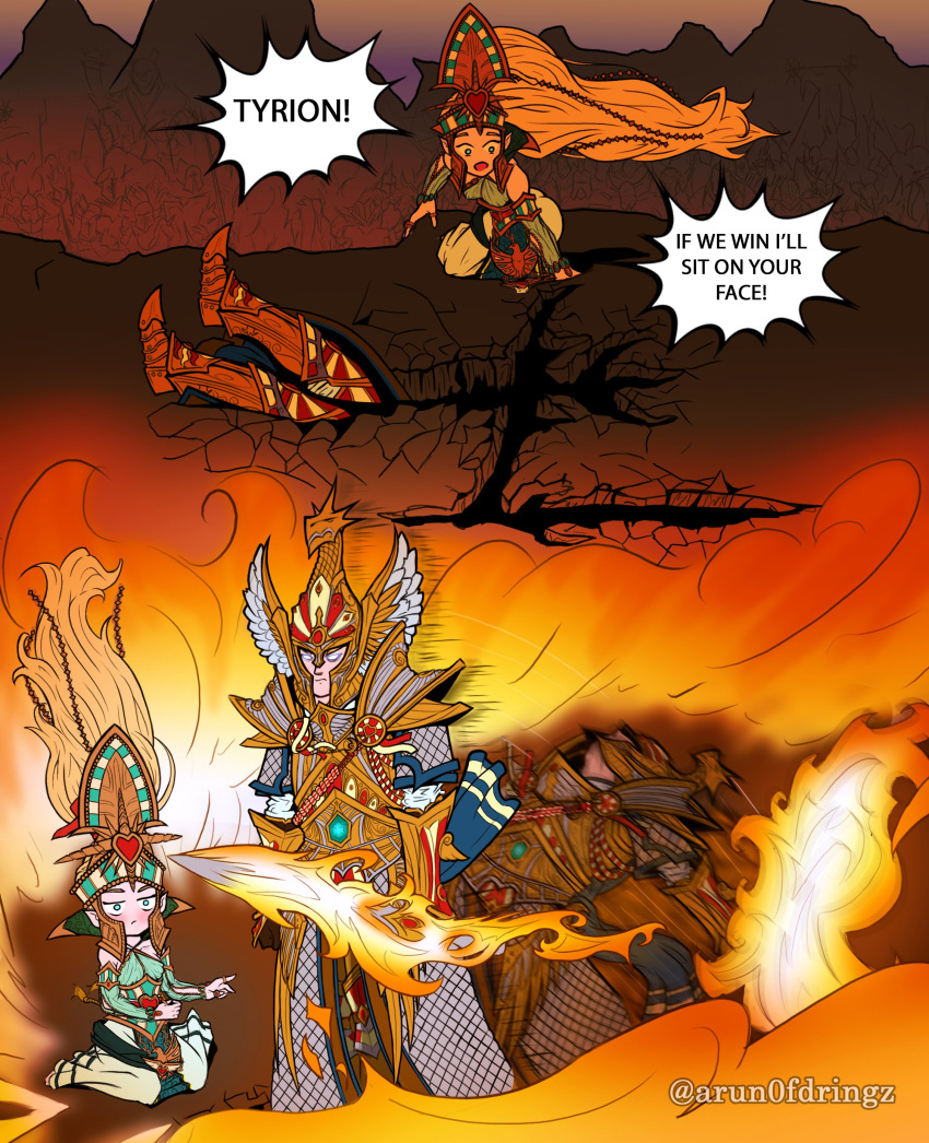 1boy, 1girl, absurdres, alarielle_the_radiant, armor, artist_name, arun0fdringz, blonde_hair, blue_eyes, elf, english_text, fire, flaming_sword, flaming_weapon, headgear, helmet, high_elves_(warhammer_fantasy), highres, holding, holding_sword, holding_weapon, if_we_win_i'll_sit_on_your_face_(meme), long_hair, meme, outdoors, pauldrons, pointy_ears, ponytail, shoulder_armor, sky, sword, tyrion_(warhammer), very_long_hair, warhammer_fantasy, weapon
