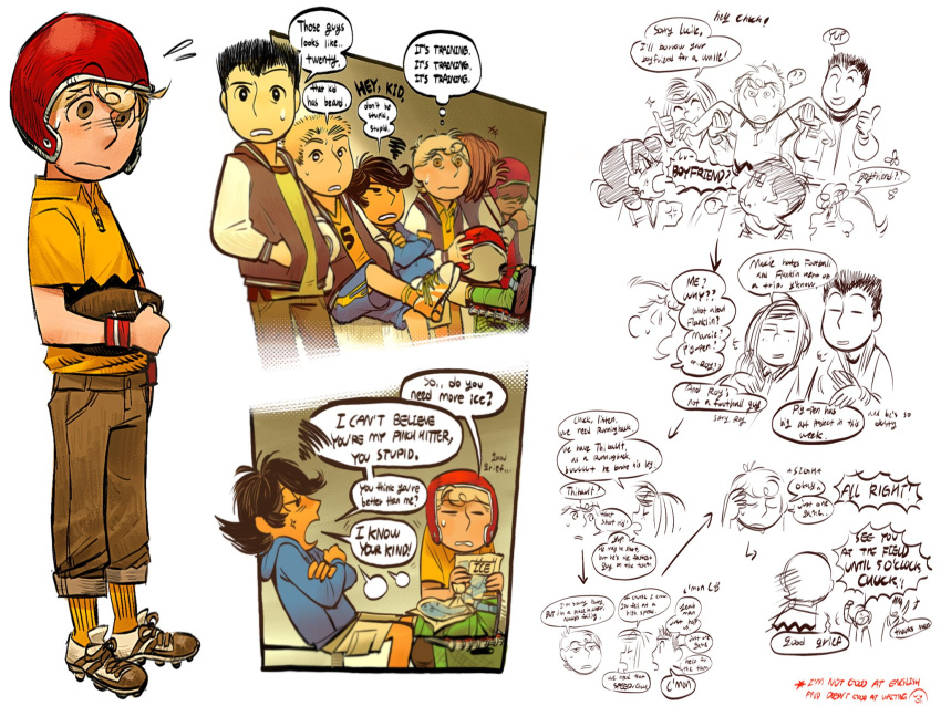 3girls, 5_(peanuts), 5boys, american_football_(object), american_football_helmet, ball, black_hair, blonde_hair, brown_hair, charlie_brown, commentary, dubu274611, english_commentary, freckles, helmet, highres, linus_van_pelt, lucy_van_pelt, multiple_boys, multiple_girls, peanuts_(comic), peppermint_patty, sally_brown, shermy_(peanuts), shirt, short_hair, thibault_(peanuts), yellow_shirt