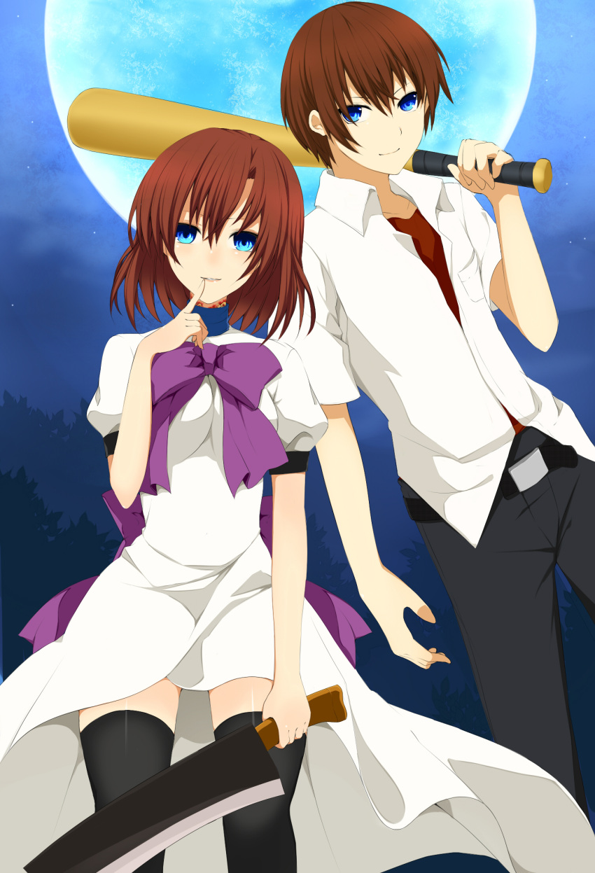 1girl, bandaid, baseball_bat, billhook, blood, blue_eyes, brown_hair, full_moon, highres, higurashi_no_naku_koro_ni, maebara_keiichi, moon, nemu_(nebusokugimi), night, night_sky, no_hat, no_headwear, oriental_hatchet, ryuuguu_rena, school_uniform, short_hair, sky, star_(sky), thigh-highs, thighhighs, tsumihoroboshi-hen, weapon