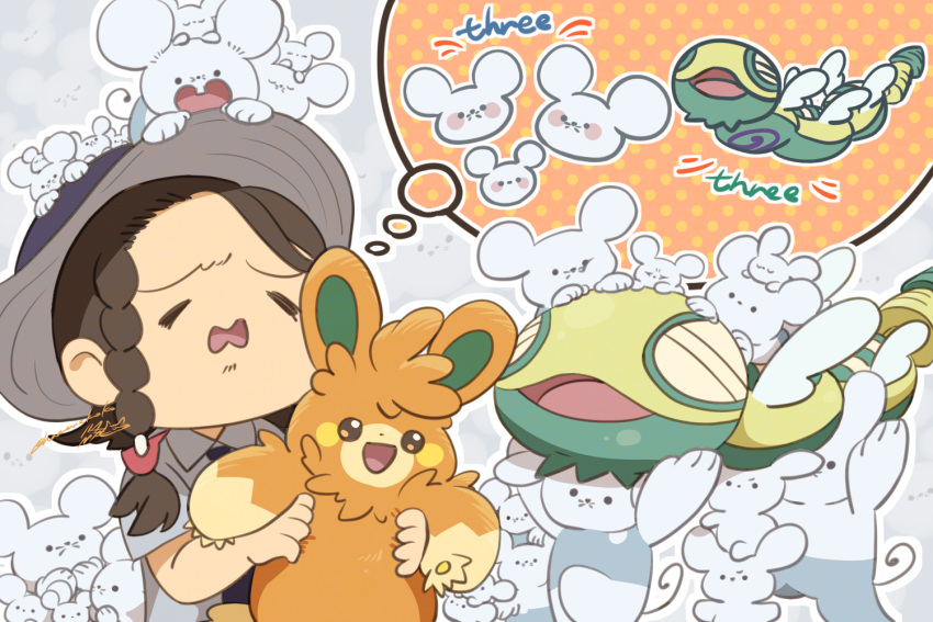 1girl, =_=, closed_eyes, collared_shirt, commentary_request, dudunsparce, dudunsparce_(three-segment), dudunsparce_(two-segment)