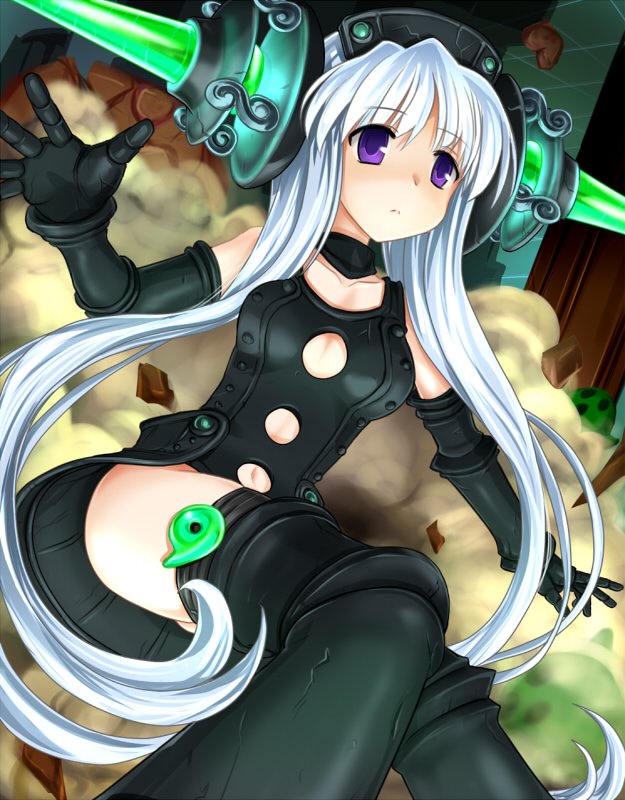 android, black_legwear, cleavage_cutout, daiakuji, dress, elbow_gloves, gloves, hair_ornament