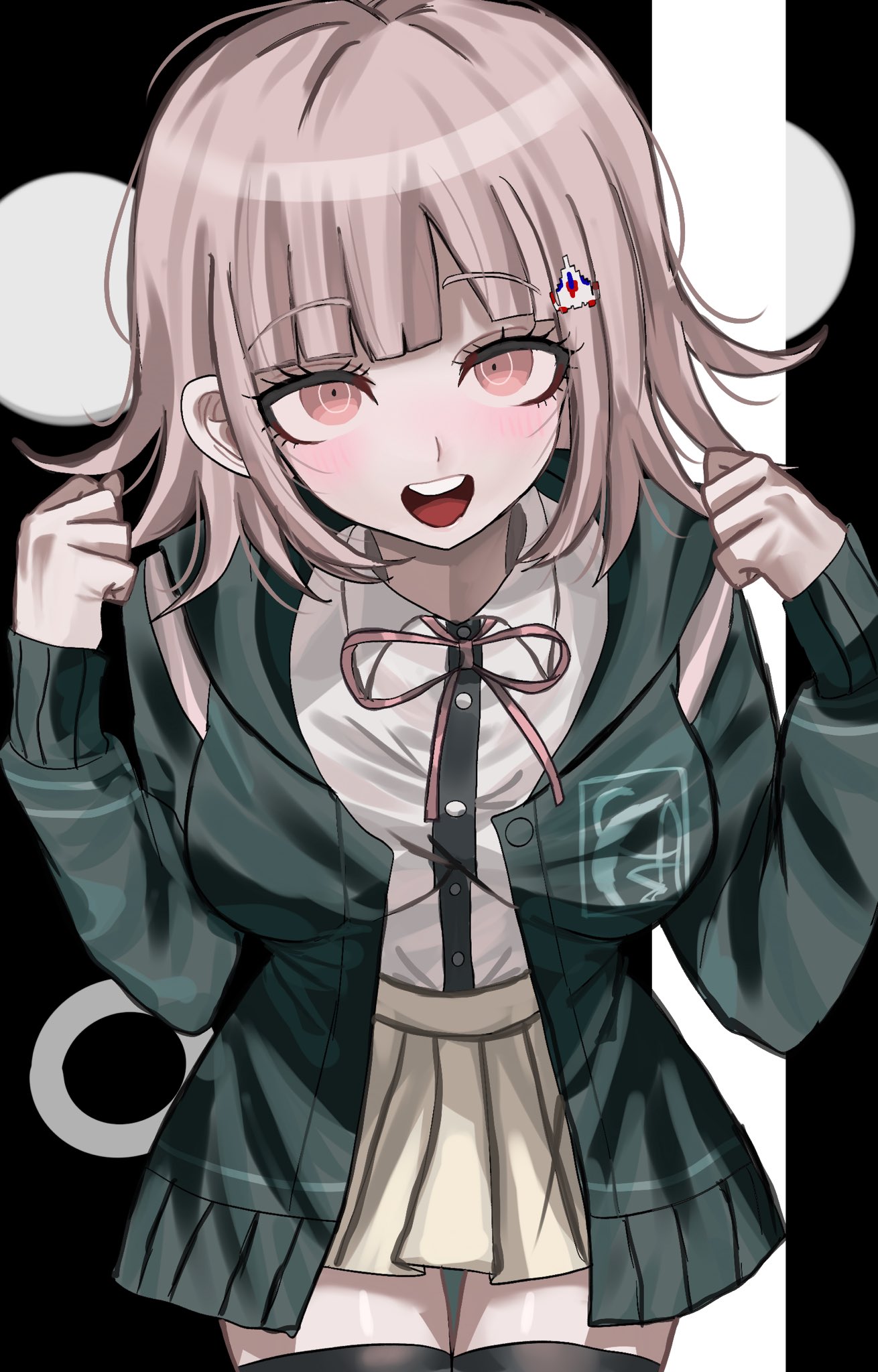 1girl, blush, breasts, brown_hair, brown_skirt, collared_shirt, danganronpa_(series), danganronpa_2:_goodbye_despair