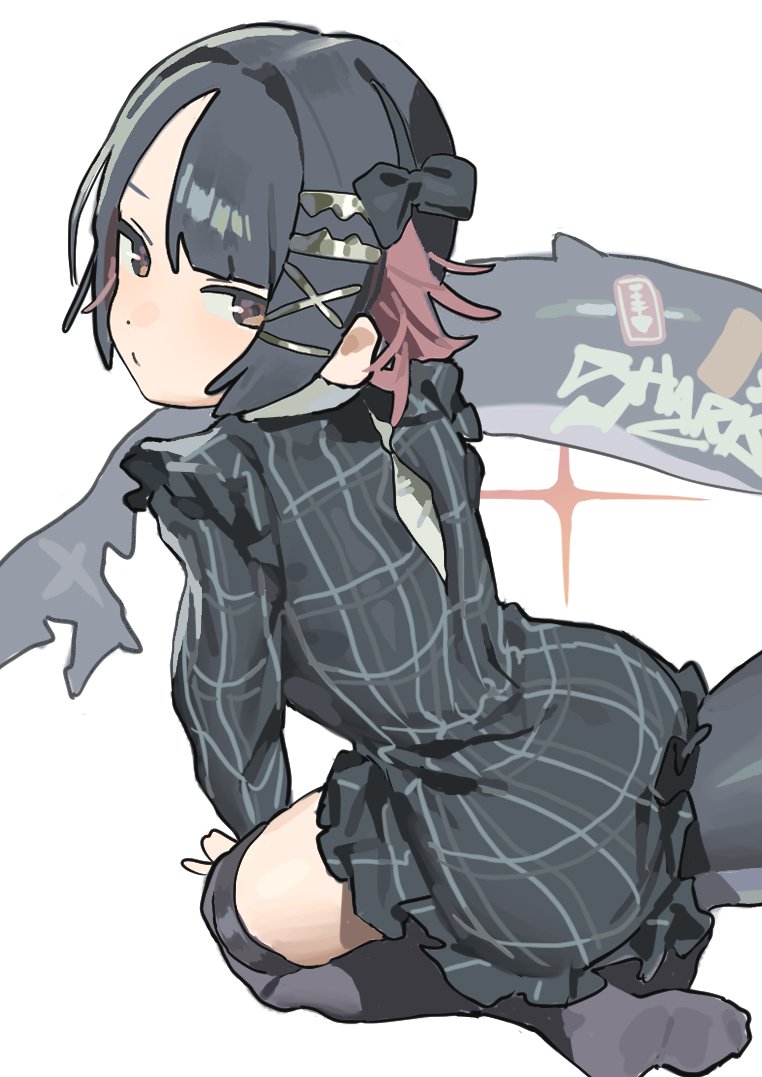 all_fours, azalaxy, back_zipper, black_bow, black_hair, black_socks, bow, dress, ellen_joe, fins, fish_tail, hair_bow, headband, kneehighs, looking_at_viewer, multicolored_hair, pleated_dress, red_eyes, red_hair, scar, scar_on_tail, shark_girl, shark_tail, short_hair, socks, solo, tail, two-tone_hair, white_background, zenless_zone_zero